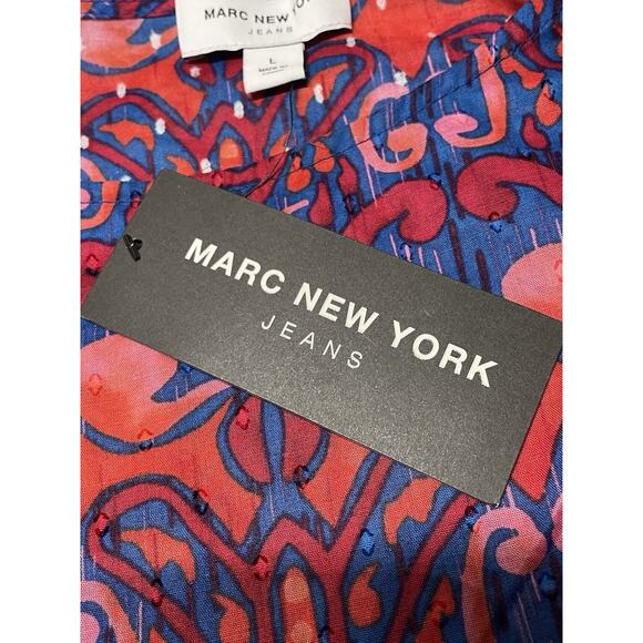 Marc New York Jeans Ruffle Flutter Sleeve Blouse Pink Blue Soft Geo Large L NWT - Picture 4 of 11